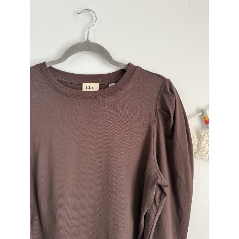 Elie Tahari 100% Cotton Brown Puff Sleeve Boxy Top Basics Minimalist Neutral XL - Picture 6 of 9